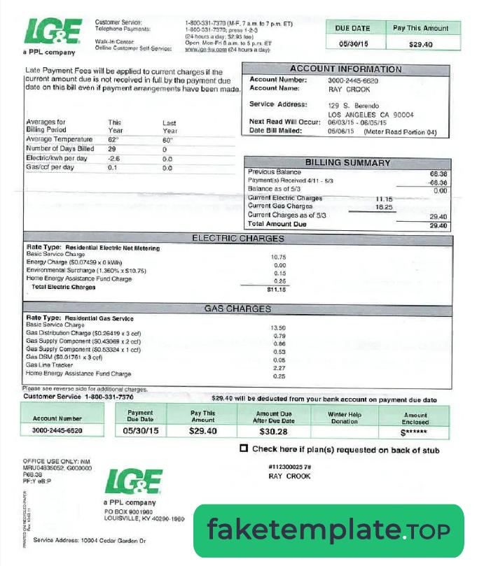 Feature of fake USA LG&E utility bill example